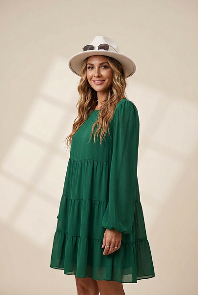 Women's Plus Size Round Neck Loose Casual Pleated Mini Dress