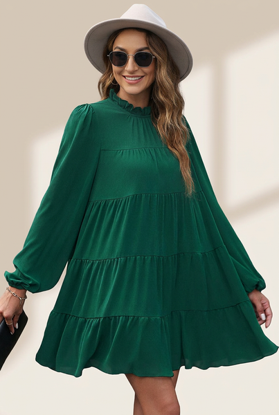Women's Plus Size Round Neck Loose Casual Pleated Mini Dress