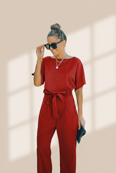 Women's Versatile Belted Casual Jumpsuit with Long Sleeves
