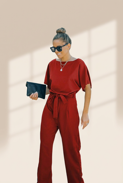 Women's Versatile Belted Casual Jumpsuit with Long Sleeves