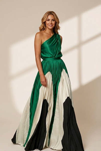Women's Elegant One Shoulder Colorblock A Line Prom Dress