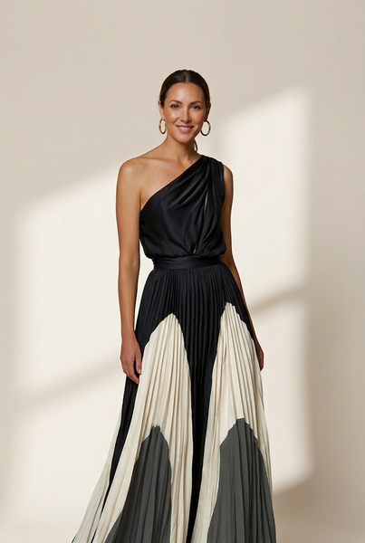 Women's Elegant One Shoulder Colorblock A Line Prom Dress