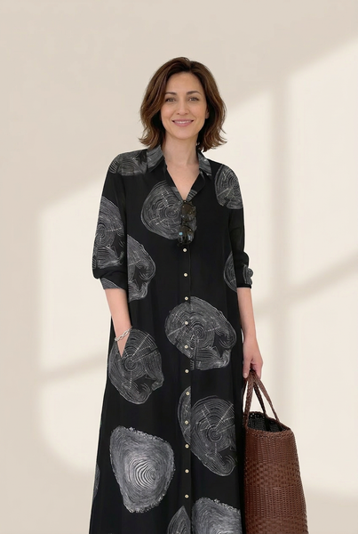 Women's Cotton Printed Long Sleeve Loose Casual Maxi Dress
