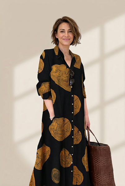 Women's Cotton Printed Long Sleeve Loose Casual Maxi Dress