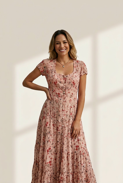 Women's Single Breasted Floral Short Sleeve Dress