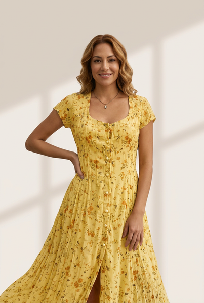 Women's Single Breasted Floral Short Sleeve Dress