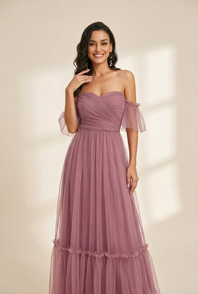 Women's Elegant Strapless A Line Evening Gown with Cascading Ruffles
