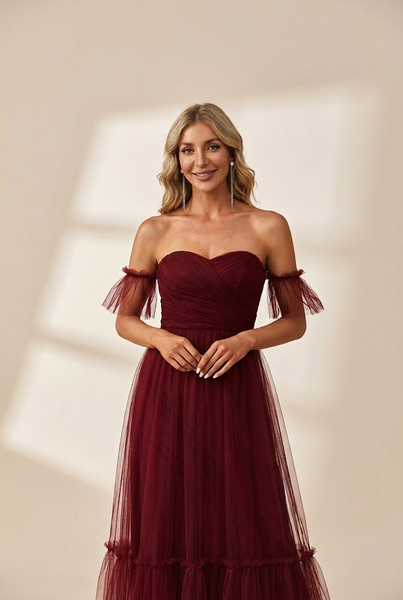Women's Elegant Strapless A Line Evening Gown with Cascading Ruffles