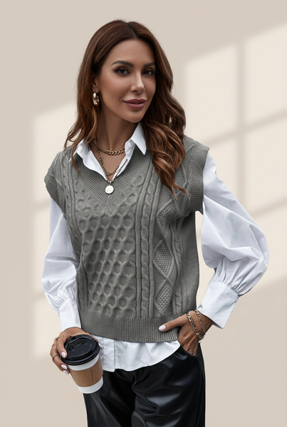 Women's Knit V-Neck Vest Sleeveless Cable Sweater - Bishop - Poet - Halter - Jewel - Closed