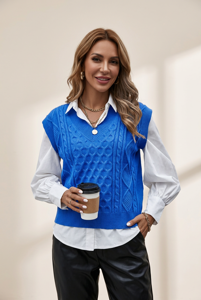 Women's Knit V-Neck Vest Sleeveless Cable Sweater - Bishop - Poet - Halter - Jewel - Closed