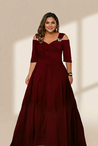 Women's Elegant Plus Size V-Neck Formal Dress with Hollow Out Details