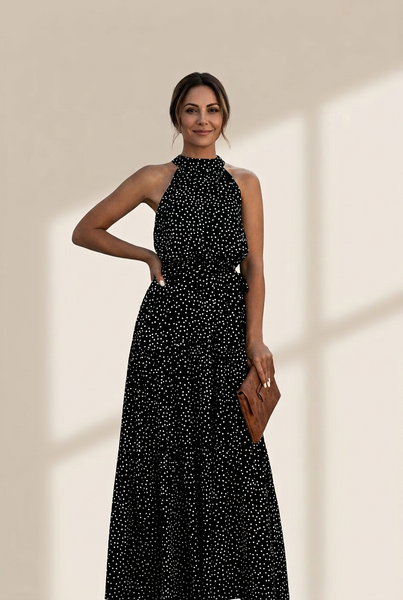 Women's Printed Sleeveless Tie Waist Maxi Dress
