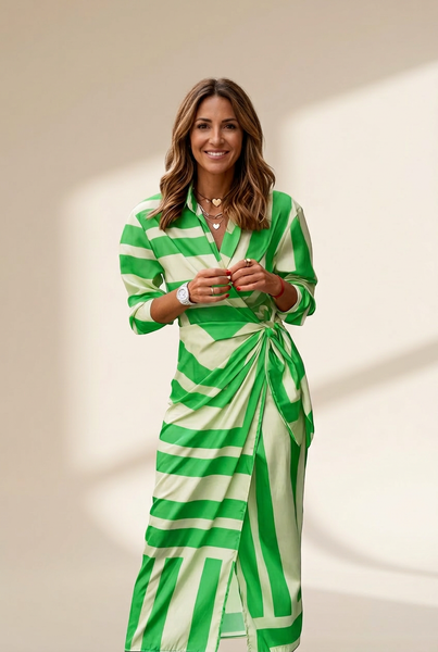Women's Lapel Striped Print Belted Long Sleeve Dress