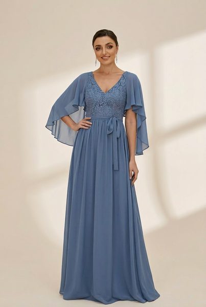 Women's Lace Accent Plus Size V-Neck Evening Dress with Belt