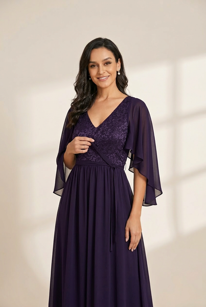 Women's Lace Accent Plus Size V-Neck Evening Dress with Belt