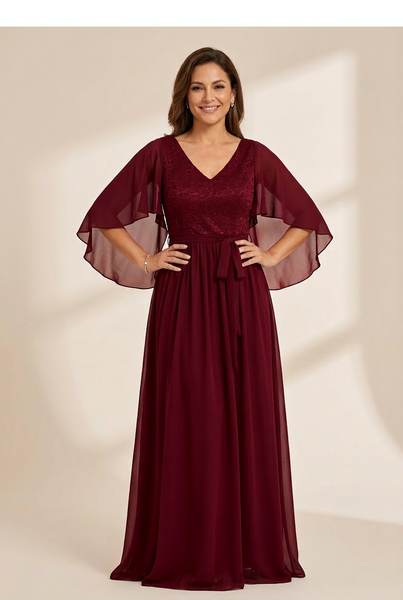 Women's Lace Accent Plus Size V-Neck Evening Dress with Belt