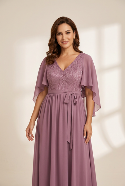 Women's Lace Accent Plus Size V-Neck Evening Dress with Belt