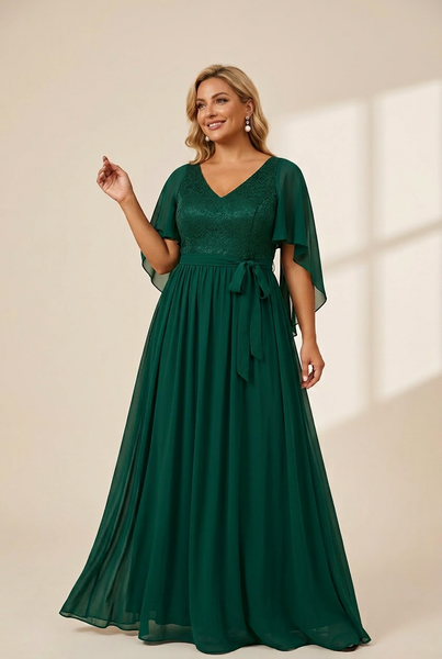 Women's Lace Accent Plus Size V-Neck Evening Dress with Belt