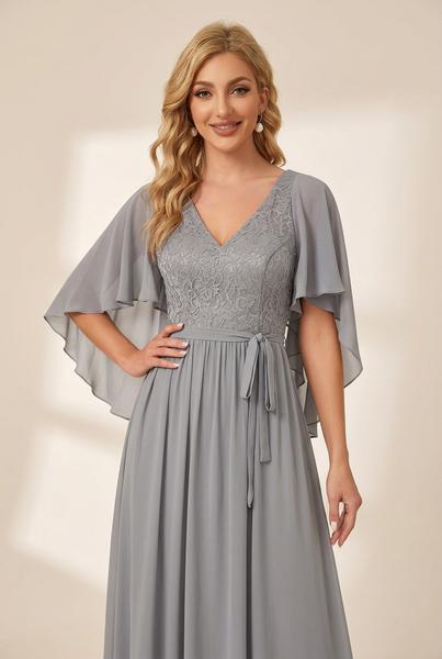 Women's Lace Accent Plus Size V-Neck Evening Dress with Belt