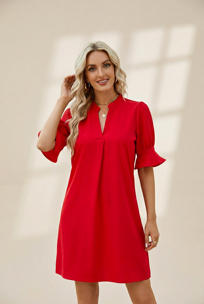 Women's Solid Color Loose V Neck Half Sleeve Mini Dress