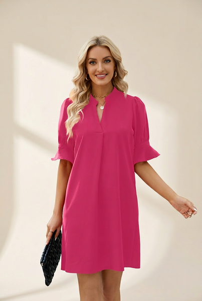 Women's Solid Color Loose V Neck Half Sleeve Mini Dress