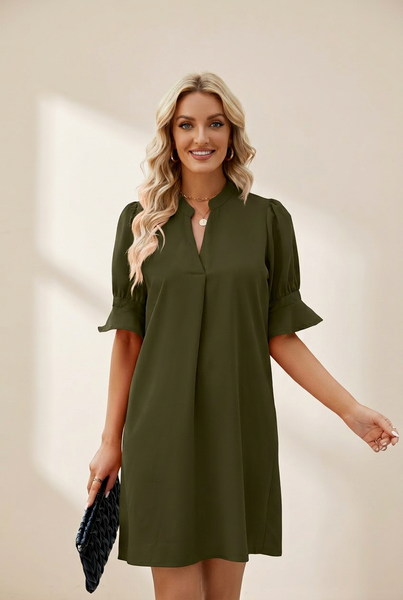 Women's Solid Color Loose V Neck Half Sleeve Mini Dress