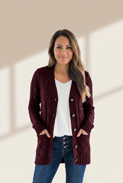 Women's Cozy Cable Knit Button-Front Long Sleeve Cardigan