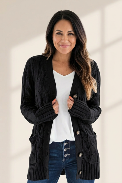 Women's Cozy Cable Knit Button-Front Long Sleeve Cardigan