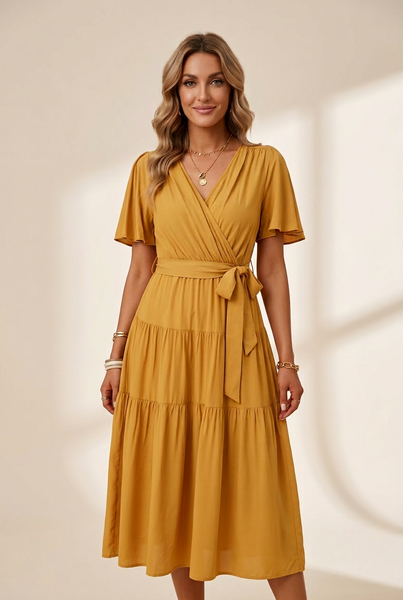 Women's Elegant Belted Tea Length Dress with Short Sleeves