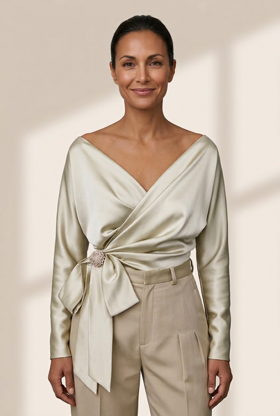 Women's Elegant V-Neck Belted Blouse with Long Sleeves