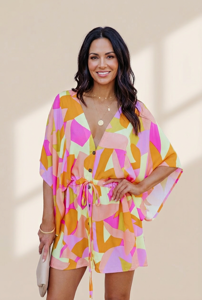 Women's Chic Deep V Neck Printed Mini Dress with Button Detail