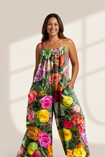 Women's Jumpsuits Vintage Print Loose Suspenders Wide-Leg Jumpsuit
