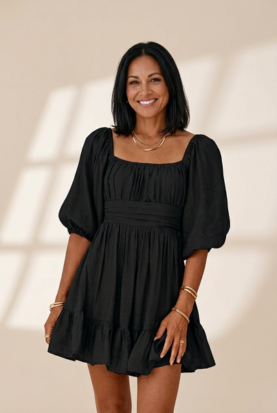 Women's Square Neck Lantern Sleeve Tie Backless Ruffle A-Line Casual Mini Dress