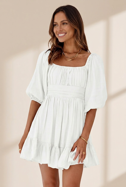 Women's Square Neck Lantern Sleeve Tie Backless Ruffle A-Line Casual Mini Dress