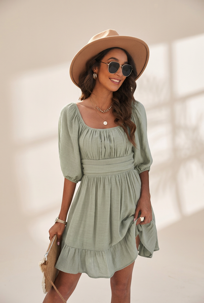 Women's Square Neck Lantern Sleeve Tie Backless Ruffle A-Line Casual Mini Dress
