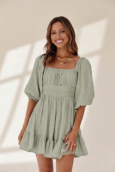 Women's Square Neck Lantern Sleeve Tie Backless Ruffle A-Line Casual Mini Dress