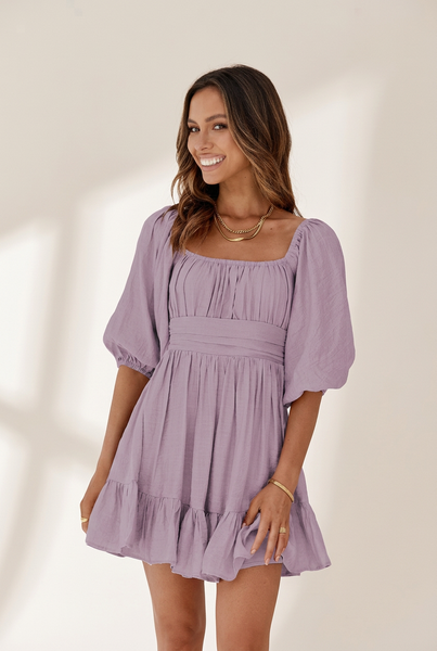 Women's Square Neck Lantern Sleeve Tie Backless Ruffle A-Line Casual Mini Dress