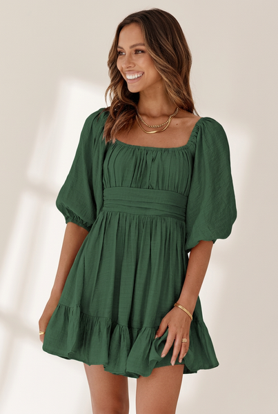 Women's Square Neck Lantern Sleeve Tie Backless Ruffle A-Line Casual Mini Dress