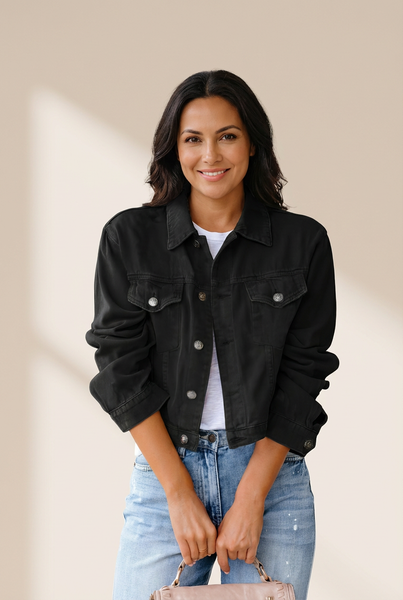 Classic Cropped Pocket Denim Jacket in Midnight Black with practical styling and dependable silhouette control.