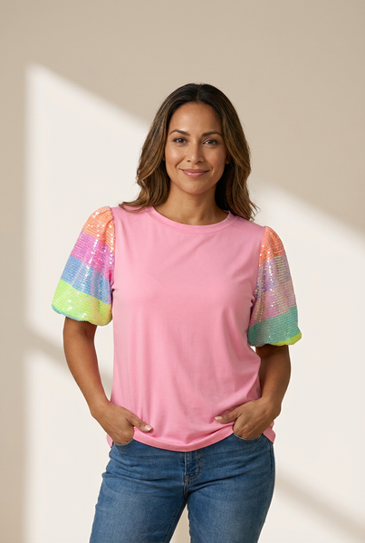 women's rainbow sequin puff sleeve top in bubblegum pink made for easy styling and wardrobe coordination, with premium-like structure and finish. with