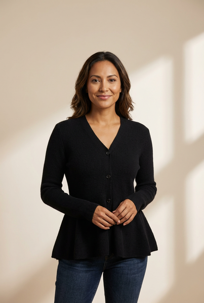 Women's V-Neck Ribbed Peplum Button-Down Cardigan made for easy styling and wardrobe coordination, with premium-like structure and finish.