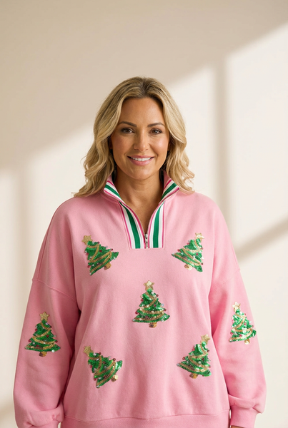 Women's Sachet Pink Sequin Christmas Tree Quarter-Zip Sweatshirt