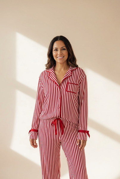 Women's Red and White Striped Long-Sleeve Pajama Set with Ribbon Details with practical styling and dependable silhouette control.