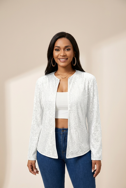 Sequined Open-Front Evening Blazer Jacket with practical styling and dependable silhouette control.
