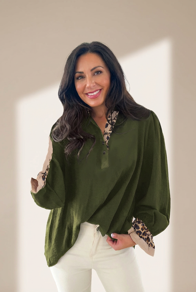 Women's Deep Olive Leopard Trim Polo Blouse with Ruffled Cuffs