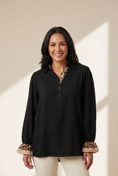 Women's Stylish Women's Black Leopard Print Blouse with Polo Collar, Ruffled Long Sleeves, and Button Front for Trendy Looks