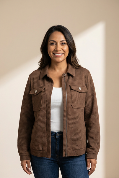 Women's Textured Coffee Zip-Up Shacket with Flap Pockets
