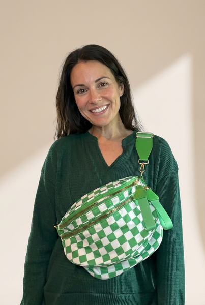Women's Green Checkered Nylon Crossbody Bag with Wide Strap