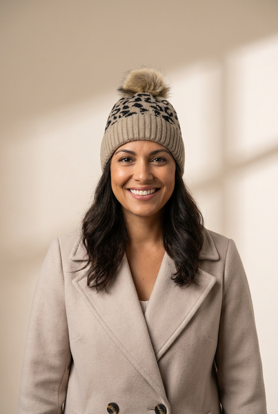 Women's Light Beige Leopard Knit Beanie with Faux Fur Pom