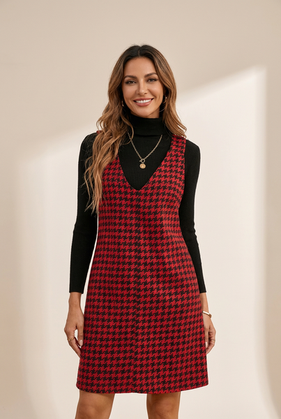 Women's Red Houndstooth V-Neck Shift Mini Dress